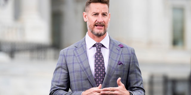 Rep. Greg Steube, R-Fla., does a TV stand up outside of the U.S. Capitol before the House vote on the $483.4 billion economic relief package on April 23, 2020.