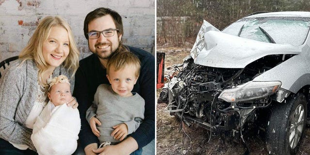 The Ayers family pictured above, left, and their car after the early-morning New Year's Day accident, on right. 