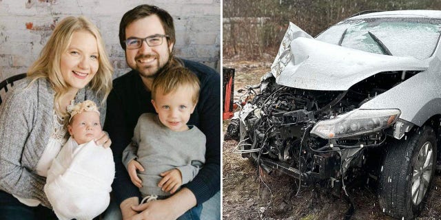 The Ayers family pictured above, left, and their car after the early-morning New Year's Day accident, on right.