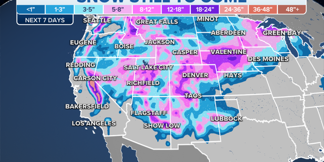 Snowfall amounts expected in the Western U.S. in the coming days.