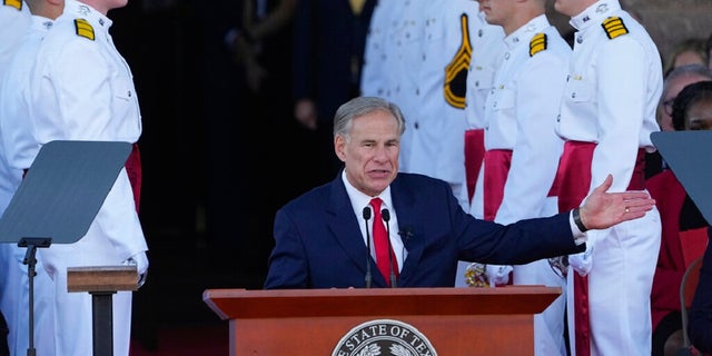 Texas Gov. Greg Abbott speaks during his inauguration ceremony in Austin, Texas, Tuesday. In his speech, Abbott blamed the Biden administration for the second number of illegal immigrants crossing the southern border. 