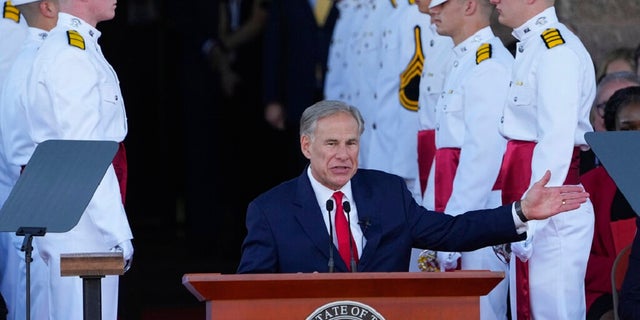 Texas Gov. Greg Abbott speaks during his inauguration ceremony in Austin, Texas, Tuesday. In his speech, Abbott blamed the Biden administration for the second number of illegal immigrants crossing the southern border.