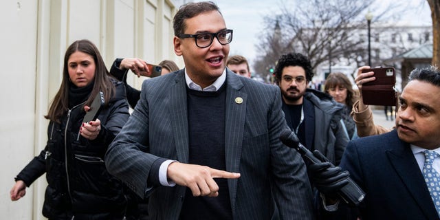 Rep. George Santos, R-N.Y., leaves a meeting of the House Republican Conference at the Capitol Hill Club on Wednesday, Jan. 25, 2023.