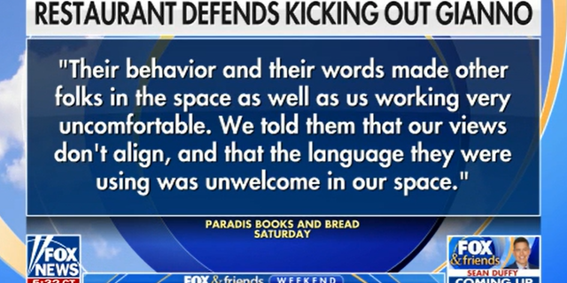Hierboven staat een citaat uit het Instagram-account van Paradis Books en Bread na het incident. Op zaterdag 21 januari werd Fox News Gianno Caldwell gevraagd een restaurant in Miami, Florida te verlaten omdat de eigenaar hem had verteld dat zijn politieke opvattingen niet overeenkwamen met hen.