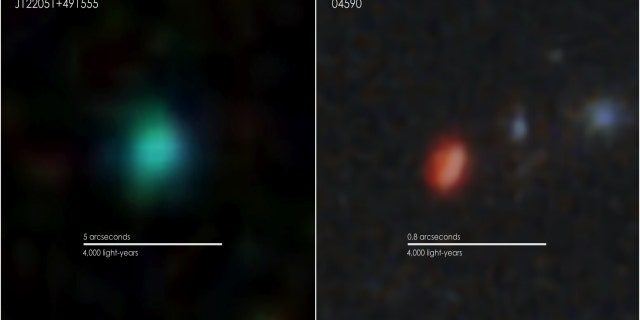 A green pea galaxy imaged by the Sloan Digital Sky Survey is shown alongside an infrared picture of an early pea captured by NASA’s James Webb Space Telescope. At left is J122051+491255, a green pea about 170 million light-years away that’s about 4,000 light-years across, a typical size. At right is an early pea known as 04590, whose light has taken 13.1 billion years to reach us.