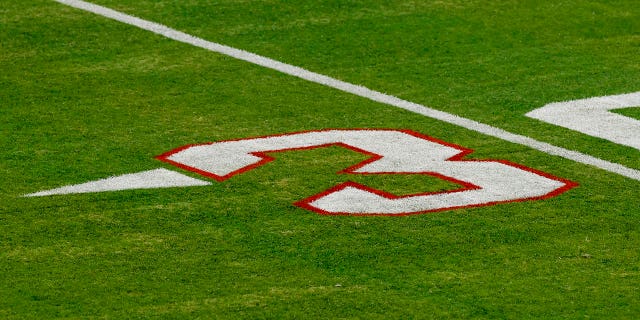 The No. 3rd is painted red and outlined on field in support of Buffalo Bills safety Damar Hamlin during a game between the Tennessee Titans and the Jacksonville Jaguars January 7, 2023 at TIAA Bank Field in Jacksonville, Fla.