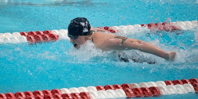 El nadador de los Bulldogs de Yale, Iszac Henig, nada en las preliminares de mariposa de 100 yardas en camino al tiempo de clasificación más rápido durante la Ivy League Swimming &  Campeonatos de buceo el 18 de febrero de 2022 en Blodgett Pool en Allston, MA. 