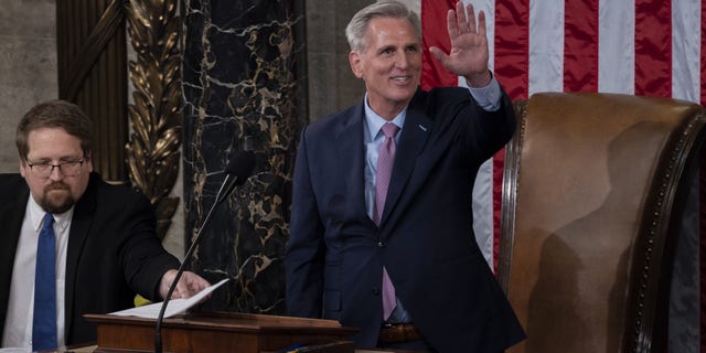 House Speaker Kevin McCarthy celebrates after taking the oath of office in Washington, D.C., on Jan. 7, 2022.