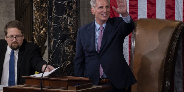 House Speaker Kevin McCarthy, R-Calif., celebrates after taking the oath of office in Washington, D.C., on Jan. 7, 2022.