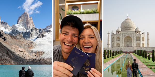 Hudson and Emily Crider take in the views of Patagonia, far left, and India's Taj Mahal, far right. The couple is also pictured holding their passports.
