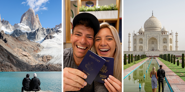 Hudson and Emily Crider take in the views of Patagonia, far left, and India's Taj Mahal, far right. The couple is also pictured holding their passports.