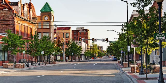 This view looking downtown on one of the main streets in Cheyenne, Wyoming, takes in the business district with a variety of architectural styles.