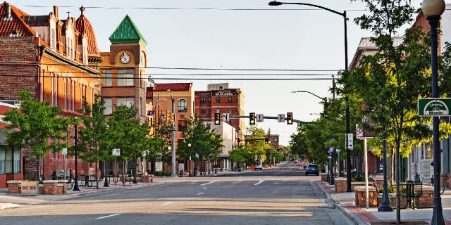 This view looking downtown on one of the main streets in Cheyenne, Wyoming, takes in the business district with a variety of architectural styles.