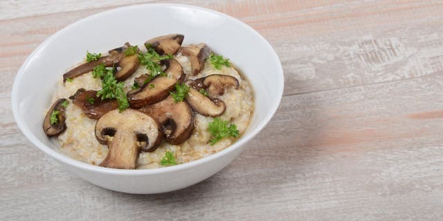 Some savory oatmeal recipes are being made without meat. Here's an example with steel-cut oats topped, chopped mushrooms and parsley.