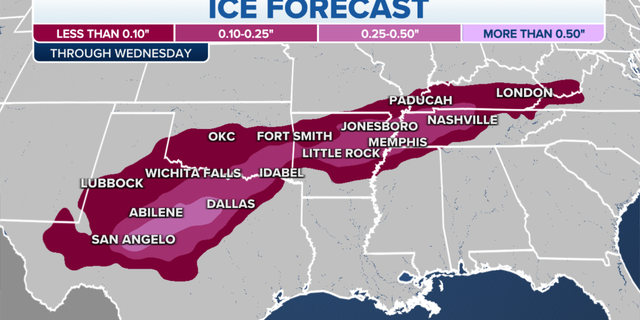 Parts of the southern U.S. that could see ice accumulation during the week.
