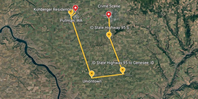 Map showing Idaho murder suspect Bryan Kohberger's alleged movement on the morning of Nov. 13 after four University of Idaho students were stabbed in their home.