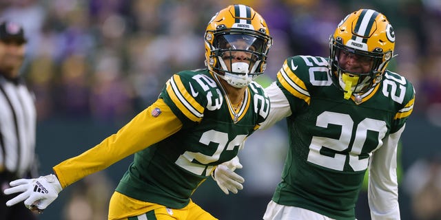 Jaire Alexander #23 of the Green Bay Packers reacts after a play during the first quarter Minnesota Vikings at Lambeau Field on January 01, 2023 in Green Bay, Wisconsin. 