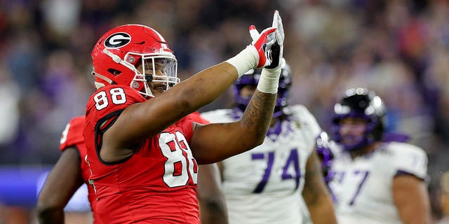 Jalen Carter #88 of the Georgia Bulldogs reacts after a play in the second quarter against the TCU Horned Frogs in the College Football Playoff National Championship game at SoFi Stadium on Jan. 9, 2023 in Inglewood, California. 
