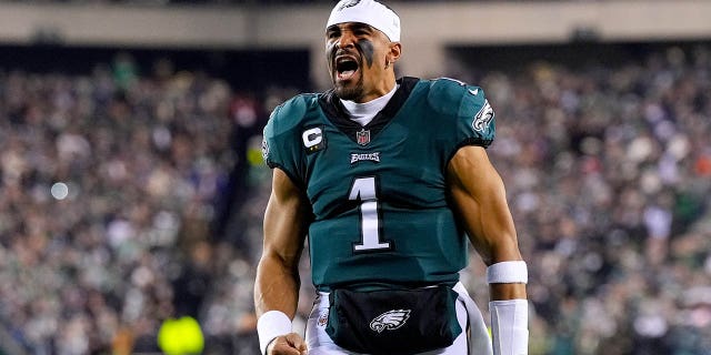 Jalen Hurts of the Philadelphia Eagles reacts before a game against the New York Giants in the NFC divisional playoffs at Lincoln Financial Field Jan. 21, 2023, in Philadelphia.