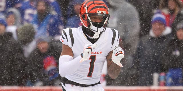 Ja'Marr Chase of the Cincinnati Bengals celebrates after scoring a touchdown against the Buffalo Bills during the first quarter of the AFC Divisional Playoff game at Highmark Stadium on January 22, 2023 in Orchard Park, New York.