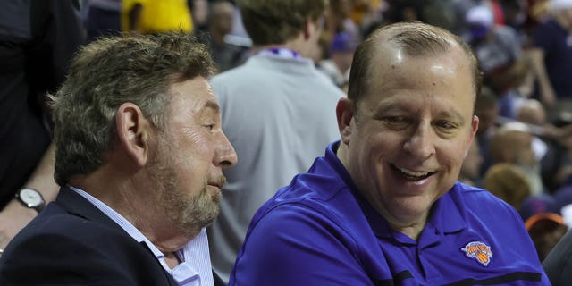 New York Knicks owner James Dolan, left, and Knicks head coach Tom Thibodeau attend the 2022 NBA Summer League at the Thomas &amp; Mack Center on July 8, 2022 in Las Vegas.