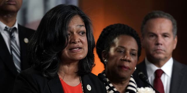 WASHINGTON, DC, MAY 24 U.S. Rep. Pramila Jayapal (D-WA) (L) speaks as Rep. Sheila Jackson Lee (D-TX) (2nd L) and Rep. David Ciclline (D-RI) (R) listen during a news conference to denounce a meeting between the Justice Department and FBI officials and Rep. Devin Nunes (R-CA) and Rep. Trey Gowdy (R-SC) May 24, 2018 on Capitol Hill in Washington, DC. (Photo by Alex Wong/Getty Images)