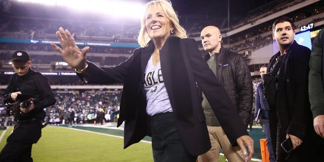 First lady Jill Biden walks the sideline prior to the game between the Philadelphia Eagles and the Dallas Cowboys at Lincoln Financial Field on Oct. 16, 2022.