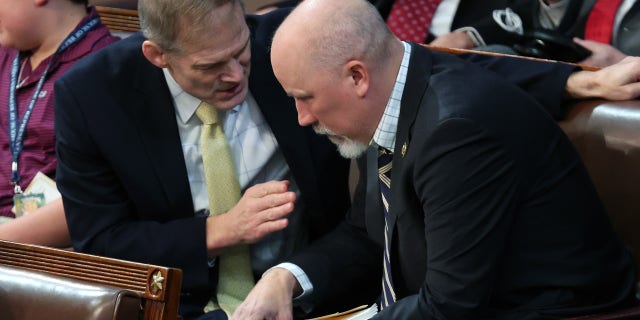 Rep.-elect Jim Jordan, R-Ohio, talks to Rep.-elect Chip Roy, R-Texas, in the House Chamber during the second day of elections for Speaker of the House at the US Capitol Building on Jan. 4, 2023 , in Washington, D.C. =