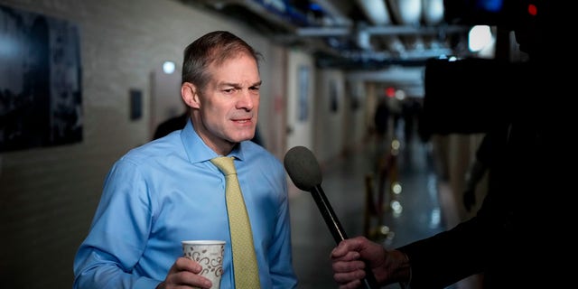 Chairman of the House Judiciary Committee Rep. Jim Jordan, R-Ohio, speaks to reporters on his way to a closed-door GOP caucus meeting at the US Capitol Jan. 10, 2023, in Washington, DC 