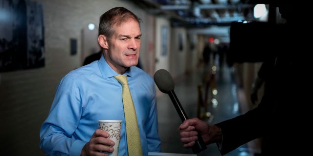 Chairman of the House Judiciary Committee Rep. Jim Jordan, R-Ohio, speaks to reporters on his way to a closed-door GOP caucus meeting at the US Capitol Jan. 10, 2023, in Washington, DC 