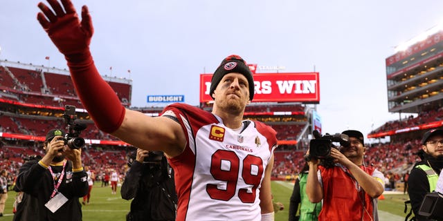 JJ Watt #99 of the Arizona Cardinals walks off the field after the game against the San Francisco 49ers at Levi's Stadium on January 8, 2023 in Santa Clara, California.