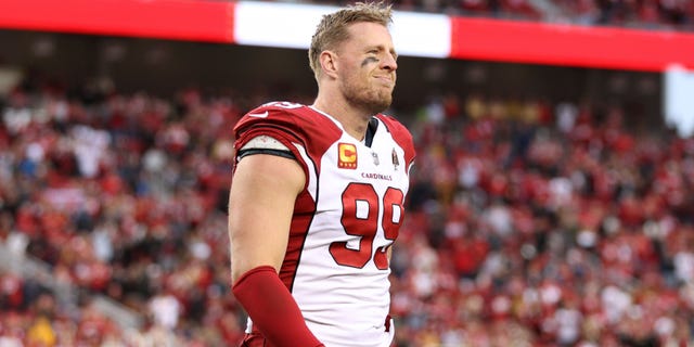 JJ Watt #99 of the Arizona Cardinals looks on after the game against the San Francisco 49ers at Levi's Stadium on January 8, 2023 in Santa Clara, California.