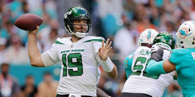 Joe Flacco of the New York Jets attempts a pass against the Dolphins at Hard Rock Stadium on Jan. 8, 2023, in Miami Gardens, Florida.