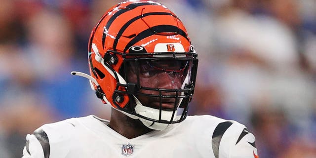 Joseph Ossai, number 58 of the Cincinnati Bengals, looks on during the first half of a preseason game against the New York Giants at MetLife Stadium on August 21, 2022 in East Rutherford, New Jersey.