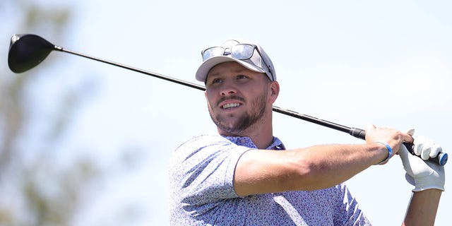 Josh Allen takes a practice shot at Wynn Golf Club on May 31, 2022 in Las Vegas.