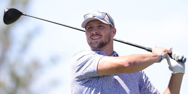 Josh Allen takes a practice shot at Wynn Golf Club on May 31, 2022 in Las Vegas.