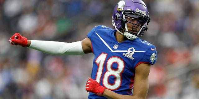 Justin Jefferson #18 of the Minnesota Vikings and NFC reacts in the first quarter of the 2022 NFL Pro Bowl against the AFC at Allegiant Stadium on February 6, 2022 in Las Vegas, Nevada. 