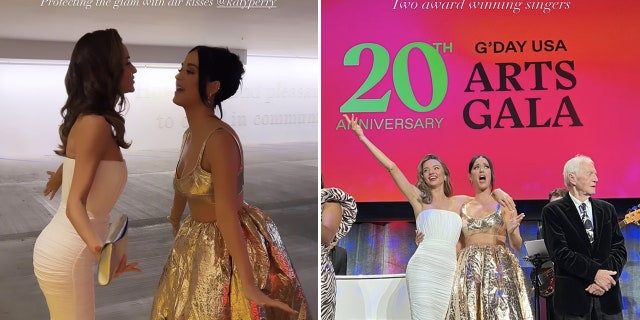 Sur des photos publiées sur Instagram de Miranda Kerr, elle et Katy Perry échangent des baisers aériens.  Ils se tiennent également ensemble sur scène lors du G'Day USA Arts Gala.