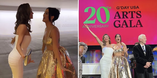 In photos posted to Miranda Kerr's Instagram, she and Katy Perry exchange air-kisses. They also stand together on stage at the G'Day USA Arts Gala.