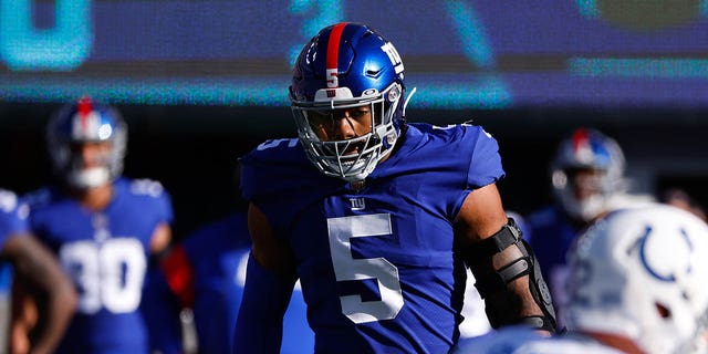 New York Giants defensive end Kayvon Thibodeaux (5) during a game against the Indianapolis Colts on January 1, 2023 at MetLife Stadium in East Rutherford, NJ  