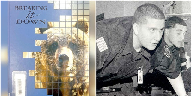 A split of a 2011 yearbook photo showing Bryan Kohberger doing push-ups in a high school law enforcement class and the front cover of the yearbook.