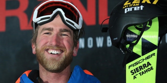 Kyle Smaine looks on from the podium after finishing in first place in the final round of the FIS Freeski World Cup 2018 Men's Ski Halfpipe during the Toyota U.S. Grand Prix on Jan, 19, 2018, in Mammoth, California.
