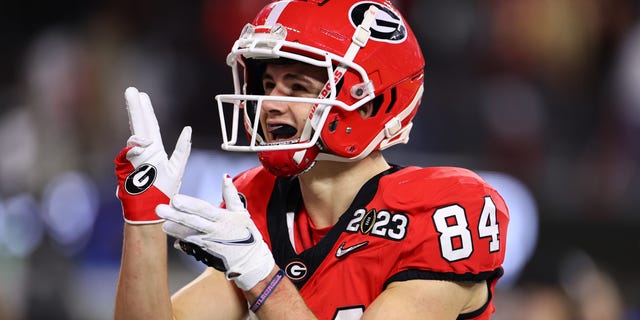 Ladd McConkey #84 of the Georgia Bulldogs celebrates after catching a touchdown pass against the TCU Horned Frogs in the first half of the College Football Playoff National Championship held at SoFi Stadium on January 9, 2023 in Inglewood, California.