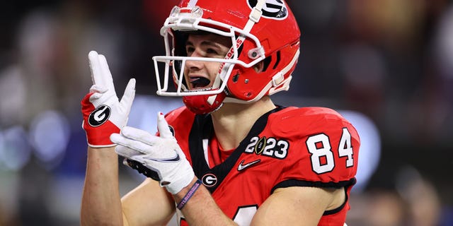 Ladd McConkey #84 of the Georgia Bulldogs celebrates after catching a touchdown pass against the TCU Horned Frogs in the first half of the College Football Playoff National Championship held at SoFi Stadium on January 9, 2023 in Inglewood, California.