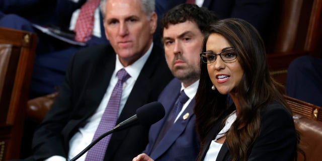 Rep.-elect Lauren Boebert, R-Colo., delivers remarks alongside House Republican Leader Kevin McCarthy in the House Chamber during the second day of elections for Speaker of the House at the U.S. Capitol Building on Jan. 4, 2023, in Washington, D.C.