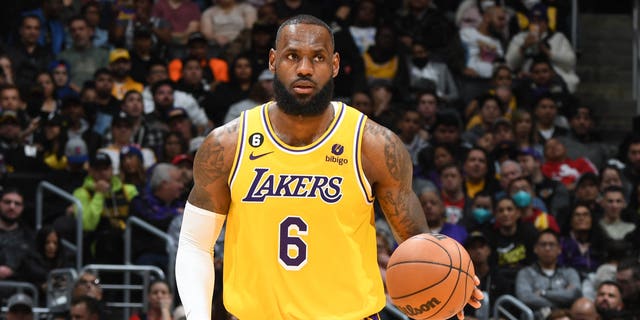 LeBron James, #6 of the Los Angeles Lakers, dribbles the ball during the game against the LA Clippers on Jan. 24, 2023 at Crypto.Com Arena in Los Angeles.