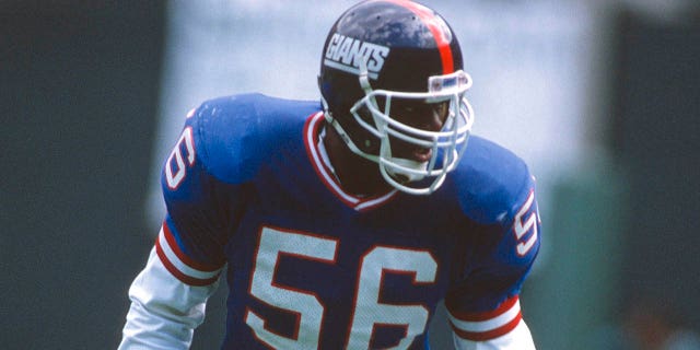 Lawrence Taylor of the New York Giants in action during a game in 1985 at the Meadowlands in East Rutherford, NJ Taylor played for the Giants from 1981 to 1993.