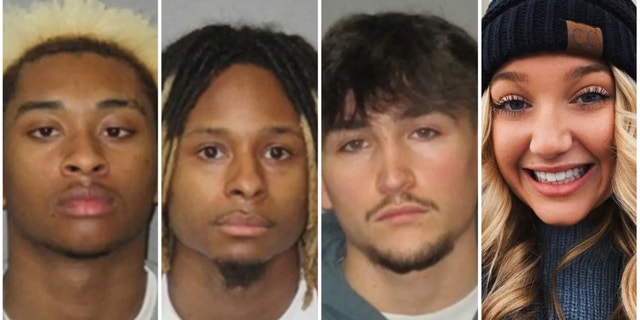 Headshots of three of the suspects in the Madison Brooks case and a photo of Madison Brooks