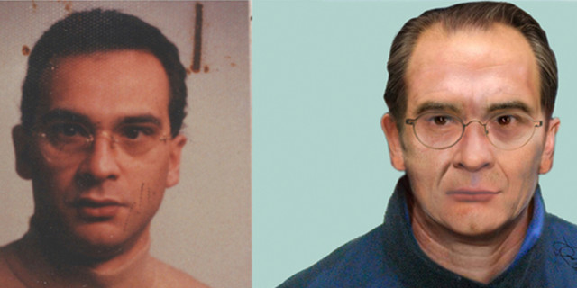 Archivo: Composición de imágenes que muestra una imagen generada por computadora publicada por la policía italiana (derecha) y un retrato del jefe de la mafia Matteo Messina Denaro.