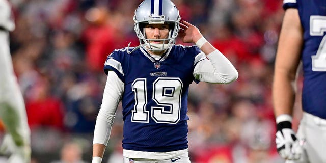 Brett Maher of the Dallas Cowboys reacts after missing an extra point during the third quarter in an NFC wild-card playoff game against the Tampa Bay Buccaneers at Raymond James Stadium January 16, 2023 in Tampa, Fla. 